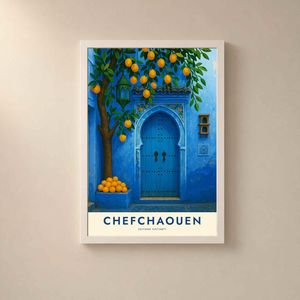 Affiche Chefchaouen Maroc, art mural ville bleue, porte marocaine et oranger