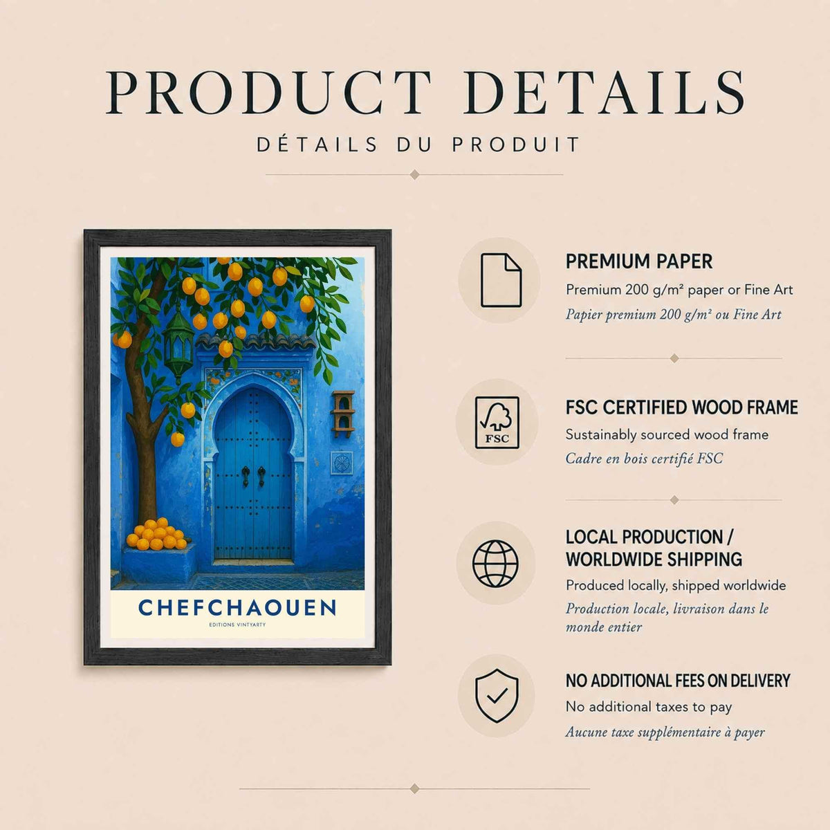 Détail de l'impression Fine Art sur papier mat 200 g/m², bleus profonds du mur et oranges de l'arbre.