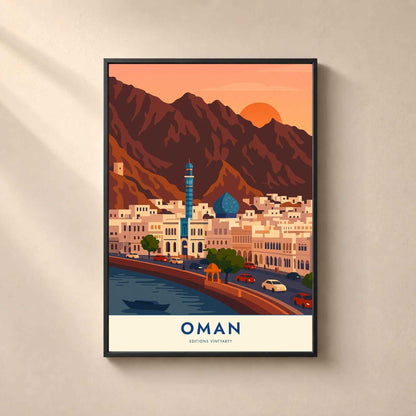 Affiche Oman Mascate, art mural corniche de Mutrah, poster montagnes du Hajar