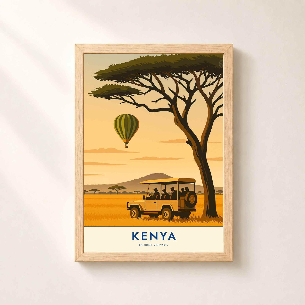 Affiche Kenya safari, art mural savane et acacia, poster Masai Mara montgolfière