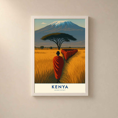 Affiche Kenya Kilimandjaro, art mural Massaï et acacia, poster savane Amboseli