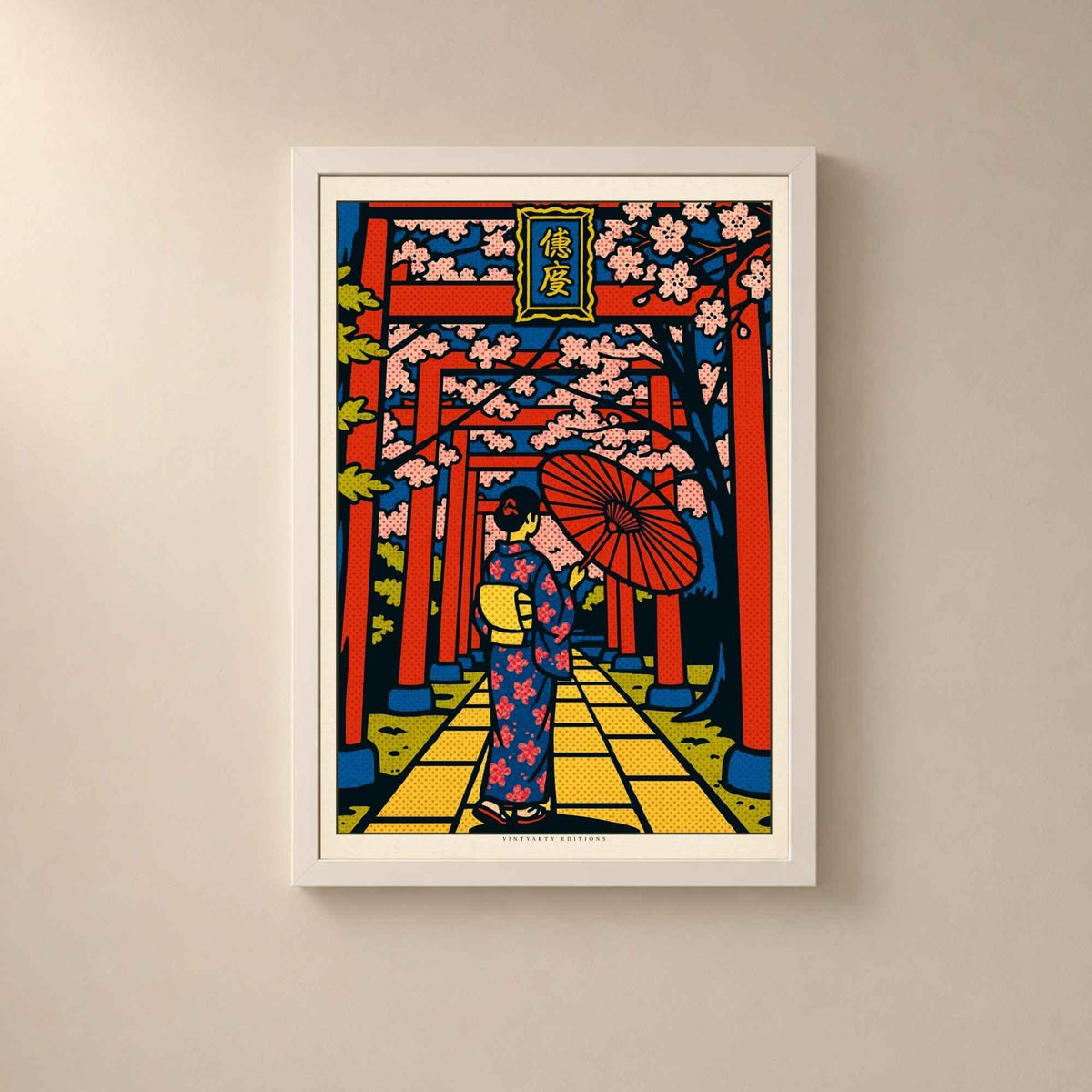 Affiche Japon torii et cerisiers, art mural femme en kimono, poster pop rétro