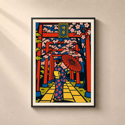 Affiche Japon encadrée en métal noir fin sur un mur beige, allée de torii rouges sous les cerisiers avec une femme en kimono et ombrelle rouge.