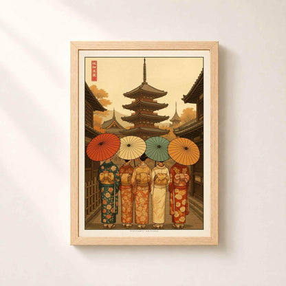 Affiche Kyoto pagode et kimonos, art mural Japon ukiyo-e, poster automne ombrelles