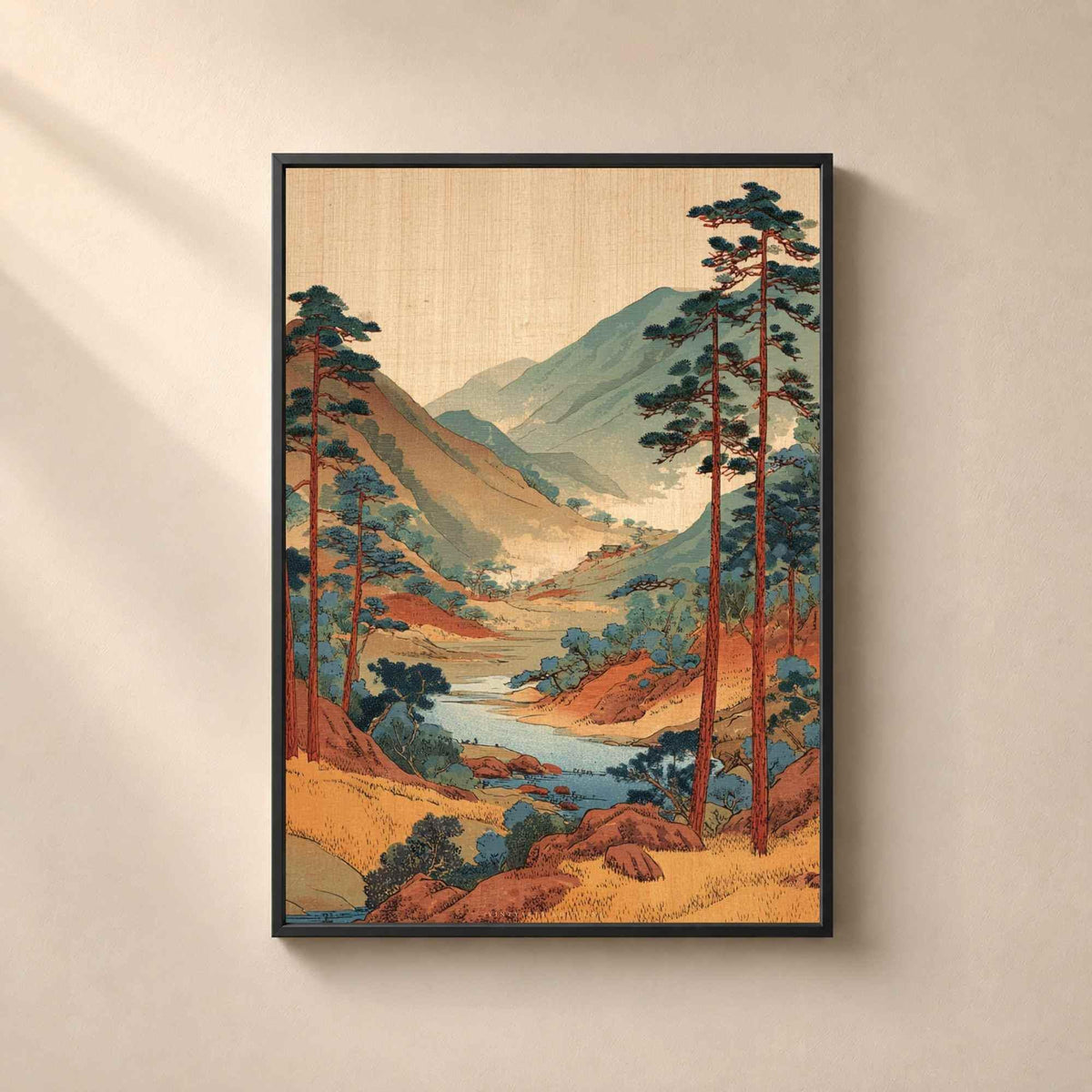 Affiche paysage japonais vallée et pins, art mural ukiyo-e vintage, estampe rivière