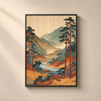 Affiche paysage japonais vallée et pins, art mural ukiyo-e vintage, estampe rivière