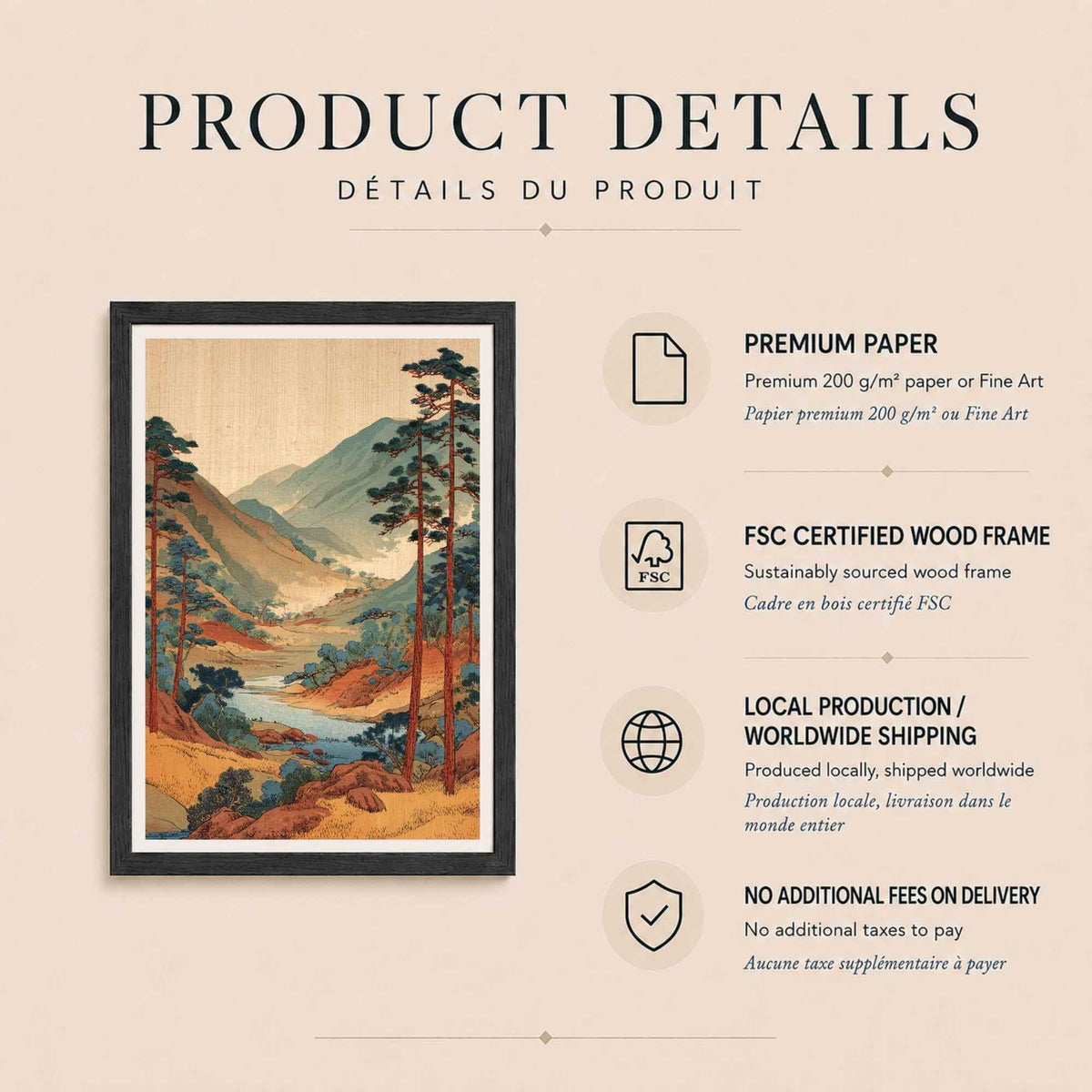 Affiche paysage japonais vallée et pins, art mural ukiyo-e vintage, estampe rivière