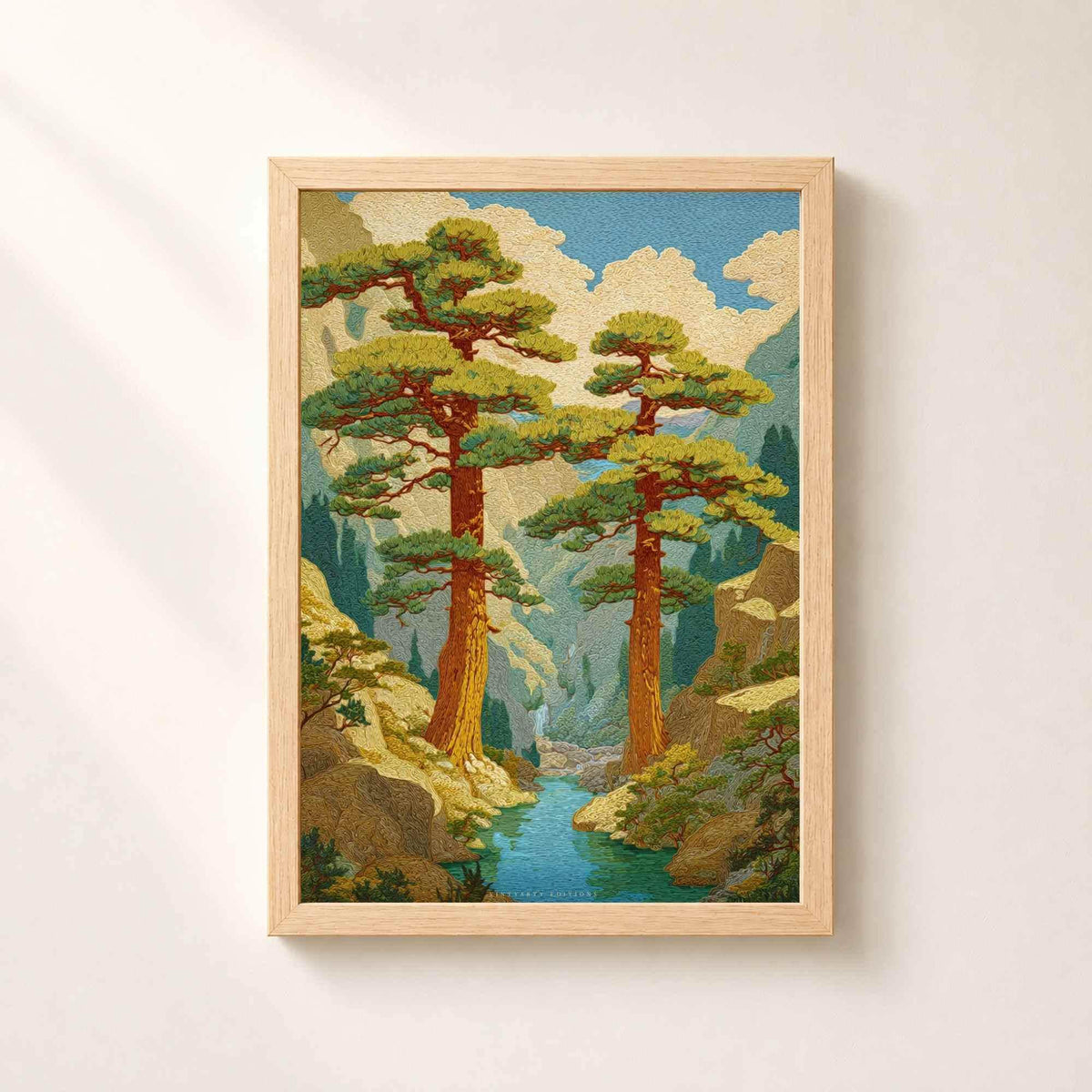 Affiche pins japonais et gorge, art mural paysage ukiyo-e, estampe rivière turquoise