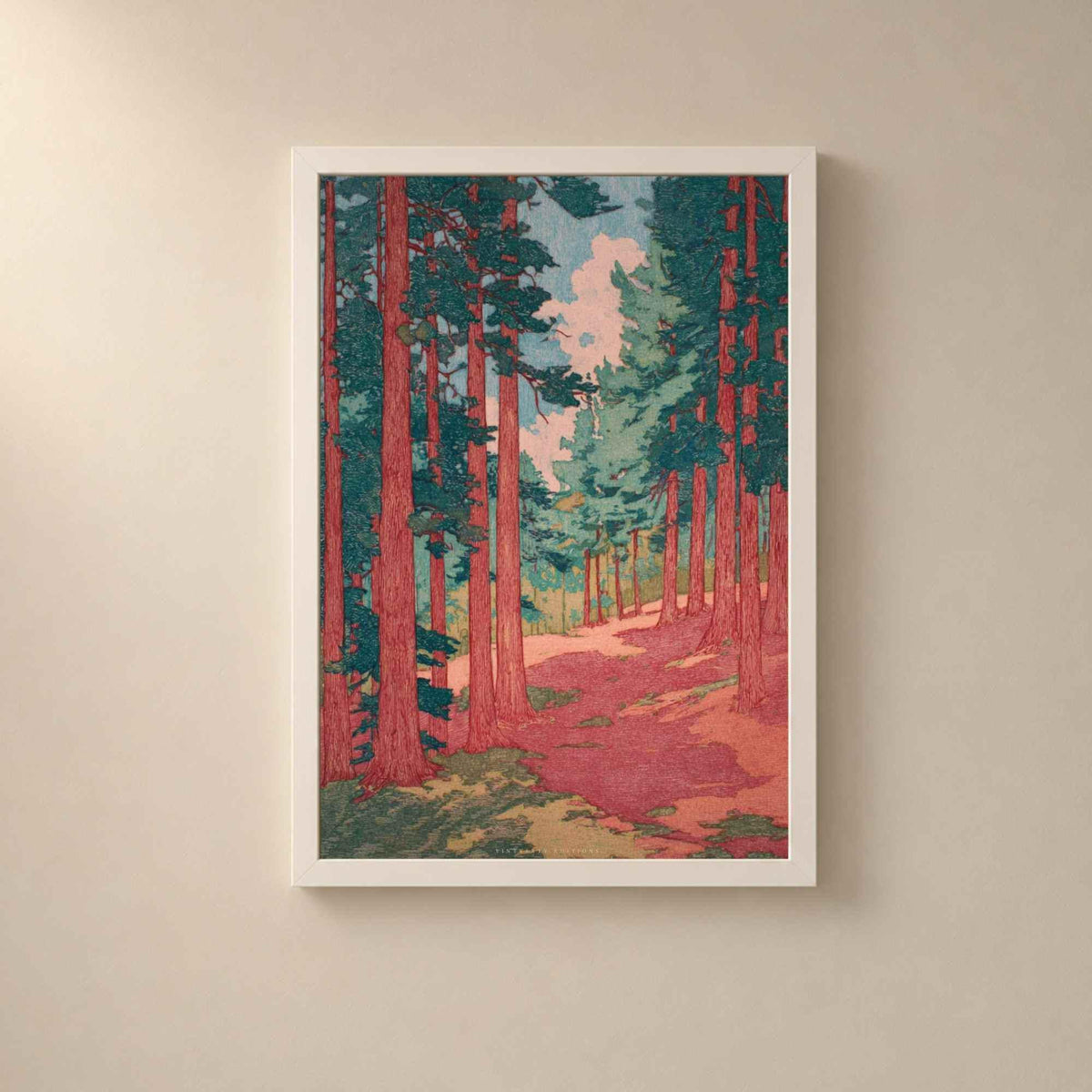 Affiche forêt de pins japonaise, art mural estampe shin-hanga, sentier rose et vert