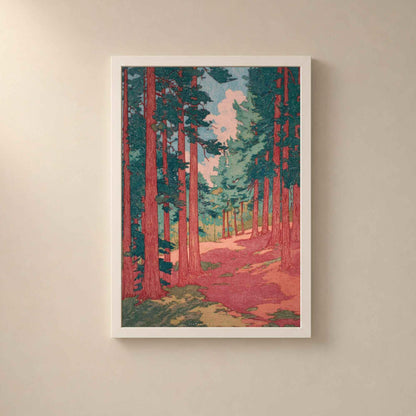 Affiche forêt de pins japonaise, art mural estampe shin-hanga, sentier rose et vert