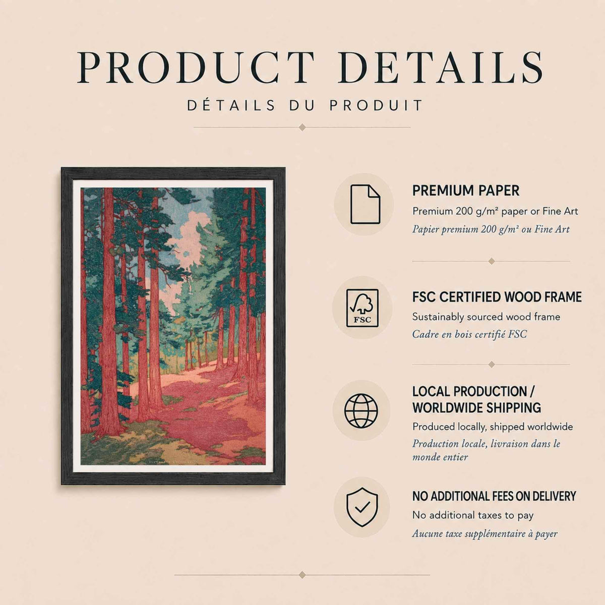 Affiche forêt de pins japonaise, art mural estampe shin-hanga, sentier rose et vert