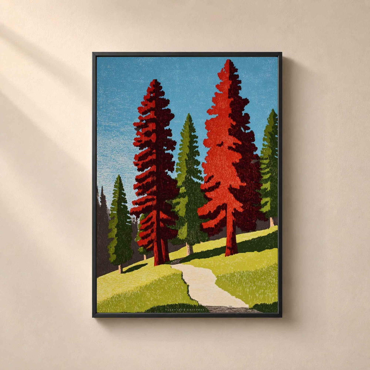 Affiche forêt de séquoias, art mural estampe block print, sentier pins rouges nature