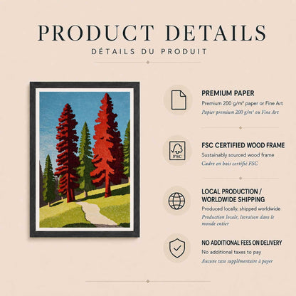 Affiche forêt de séquoias, art mural estampe block print, sentier pins rouges nature