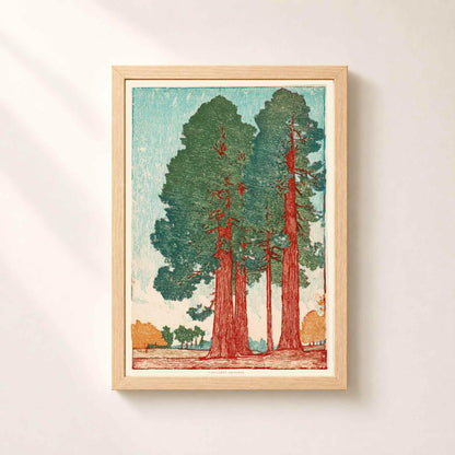 Affiche séquoias dans un cadre en chêne naturel sur un mur clair, bosquet de grands arbres aux troncs rouille et houppiers verts sur ciel turquoise.