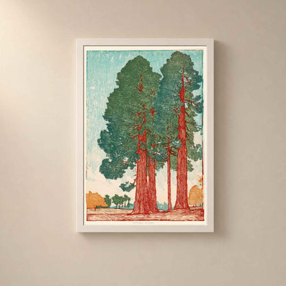 Affiche séquoias géants vintage, art mural estampe sur bois, forêt verte et rouille