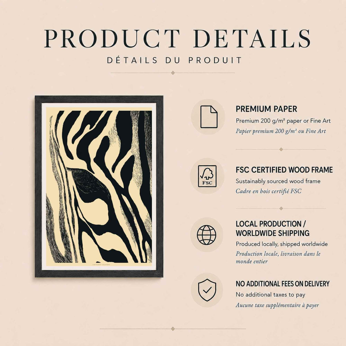 Affiche abstraite noir et crème, art mural zèbre graphique, estampe organique moderne