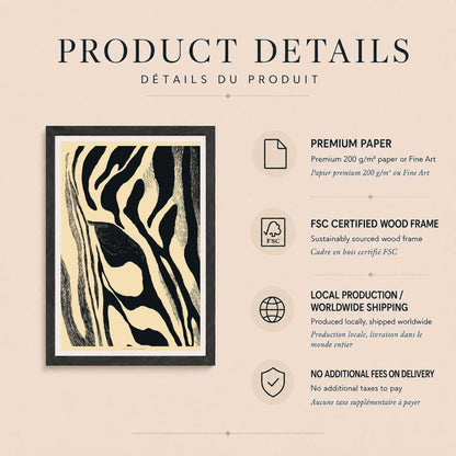 Affiche abstraite noir et crème, art mural zèbre graphique, estampe organique moderne