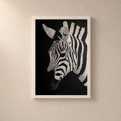 Affiche zèbre noir et blanc, art mural portrait animal, dessin au trait fond noir