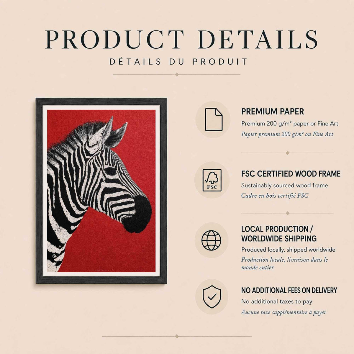 Affiche zèbre fond rouge, art mural portrait animal, déco contemporaine audacieuse