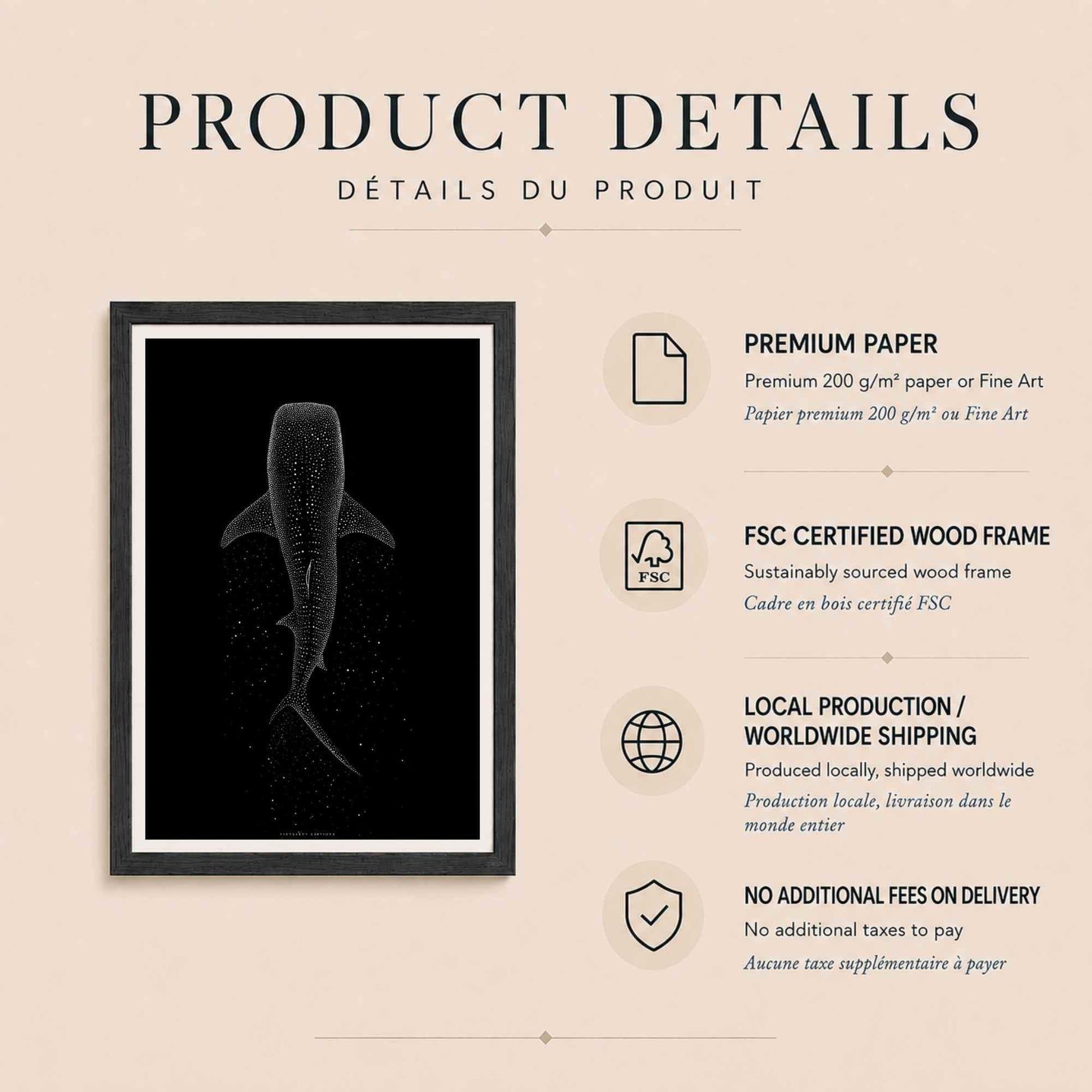 Affiche requin baleine, art mural océan minimaliste, pointillisme blanc sur noir