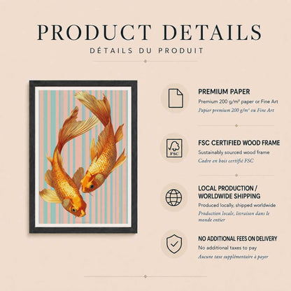 Affiche poissons dorés vintage, art mural duo koi, fond rayé pastel corail et bleu