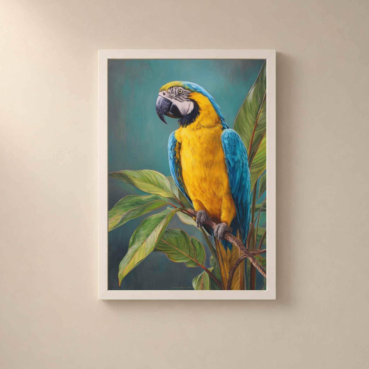 Affiche perroquet ara bleu et jaune, art mural tropical, peinture oiseau exotique jungle