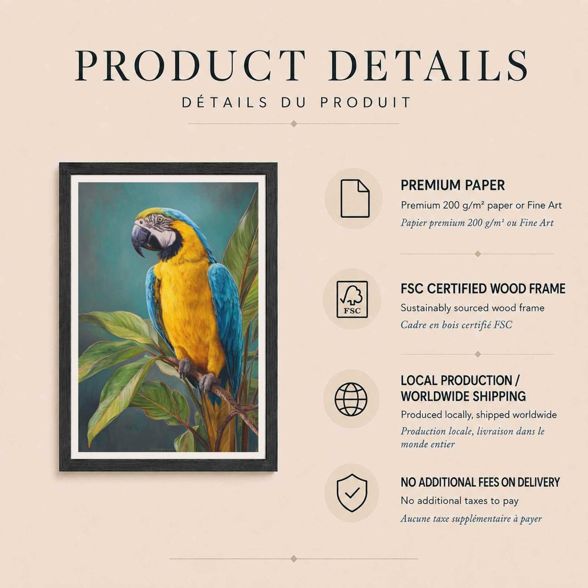 Affiche perroquet ara bleu et jaune, art mural tropical, peinture oiseau exotique jungle