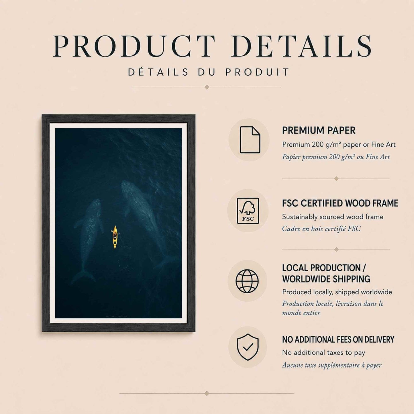 Affiche baleines et kayak, art mural photo aérienne océan, décoration bleu profond