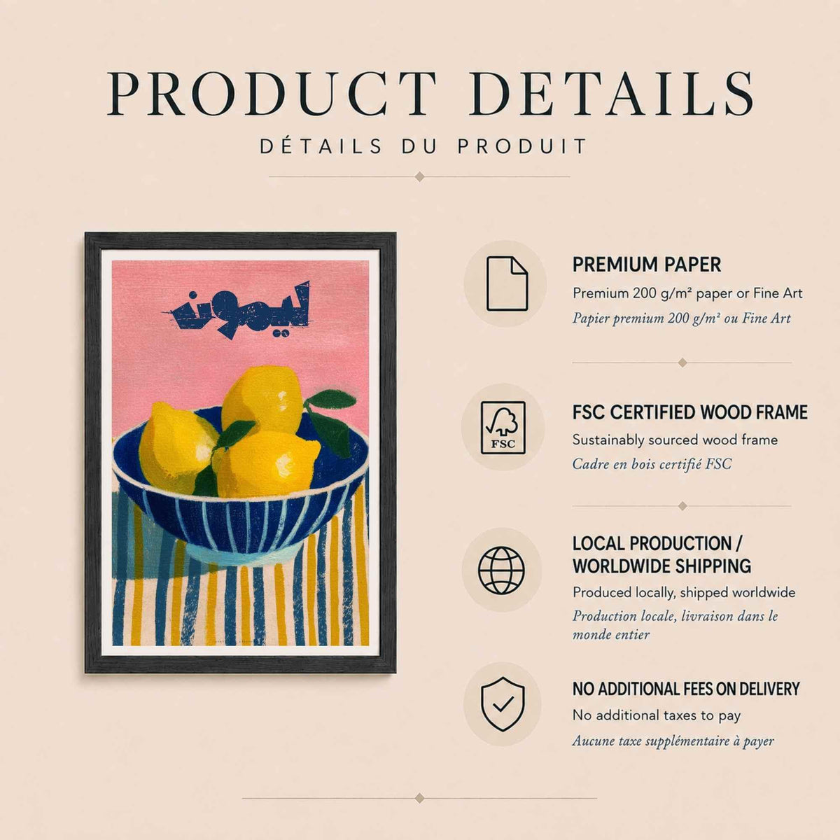 Affiche citrons nature morte, art mural cuisine coloré, illustration bol bleu fond rose