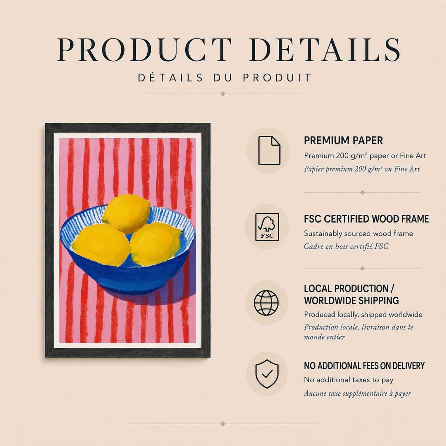 Affiche citrons bol bleu, art mural cuisine gouache, nature morte fond rose rayé rouge