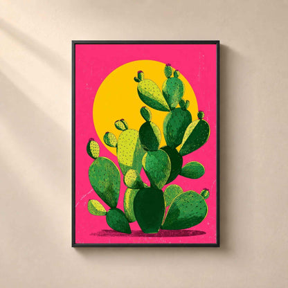 Affiche cactus pop, art mural figuier de Barbarie, illustration soleil rose et vert