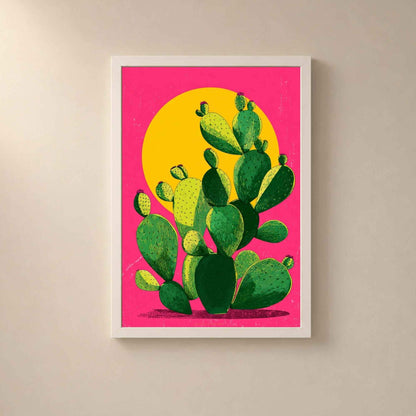 Affiche cactus dans un cadre en bois blanc sur un mur clair, figuier de Barbarie vert devant un soleil jaune sur fond rose vif.