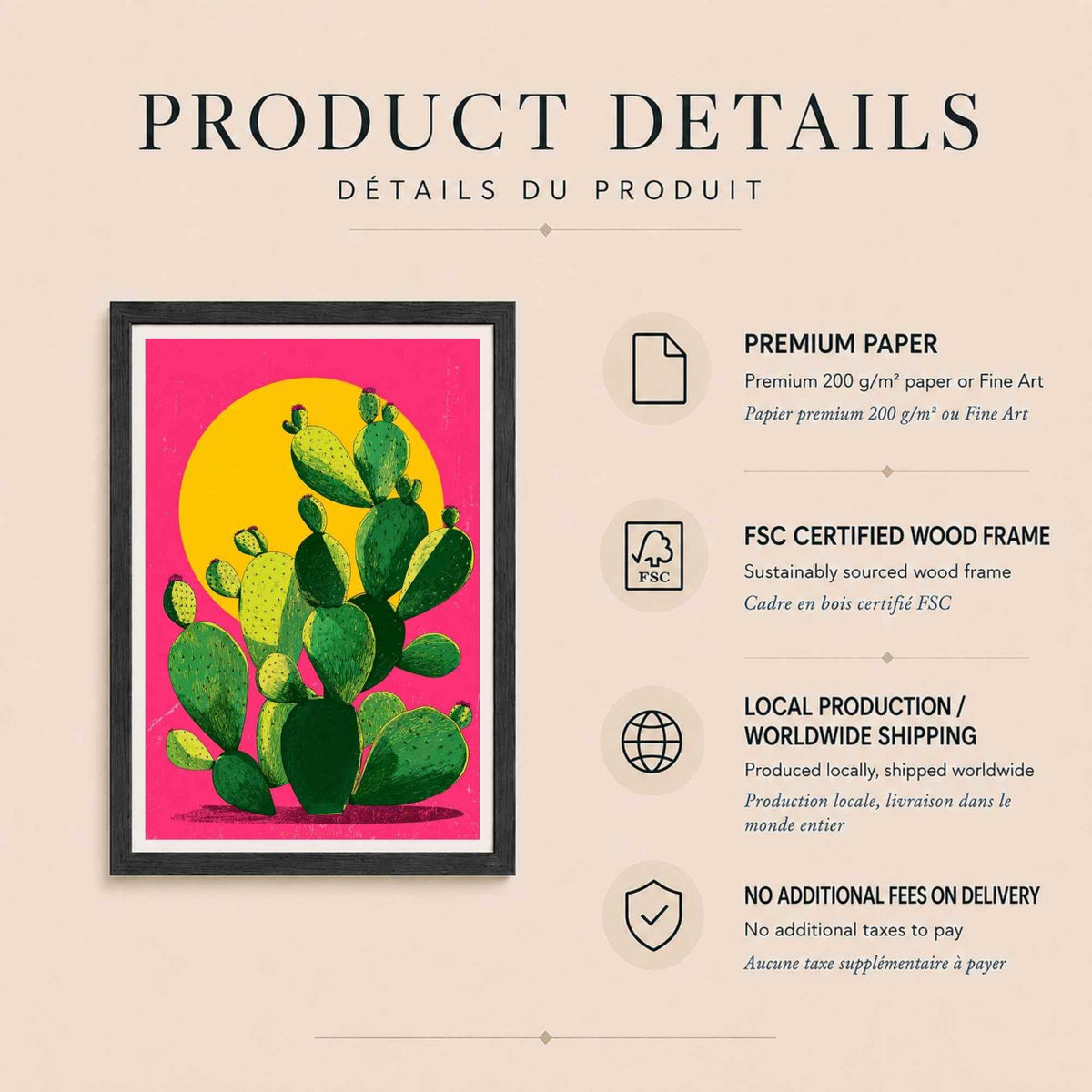 Affiche cactus pop, art mural figuier de Barbarie, illustration soleil rose et vert