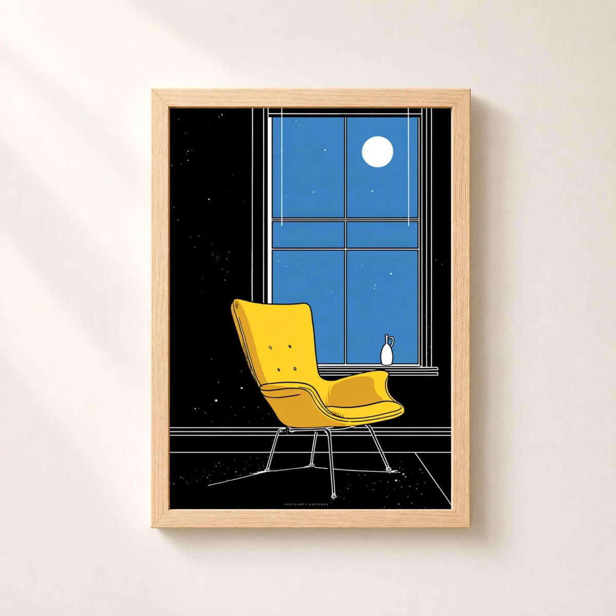 Affiche fauteuil jaune clair de lune, art mural line art nuit, illustration cosy moderne