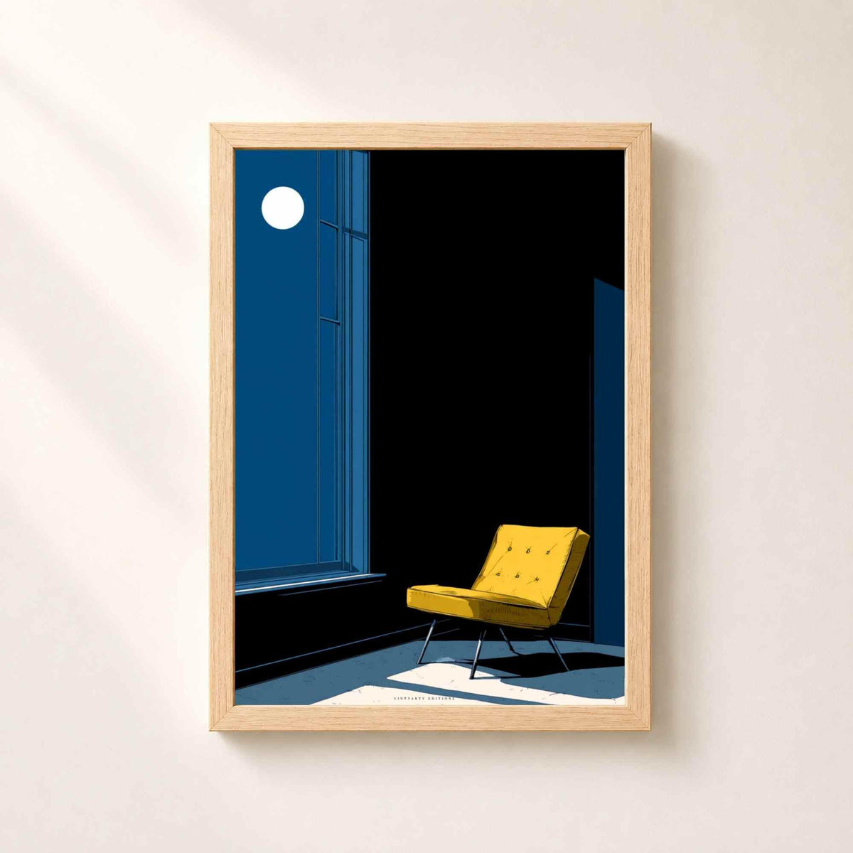 Affiche fauteuil jaune nuit, art mural intérieur minimaliste, illustration clair de lune
