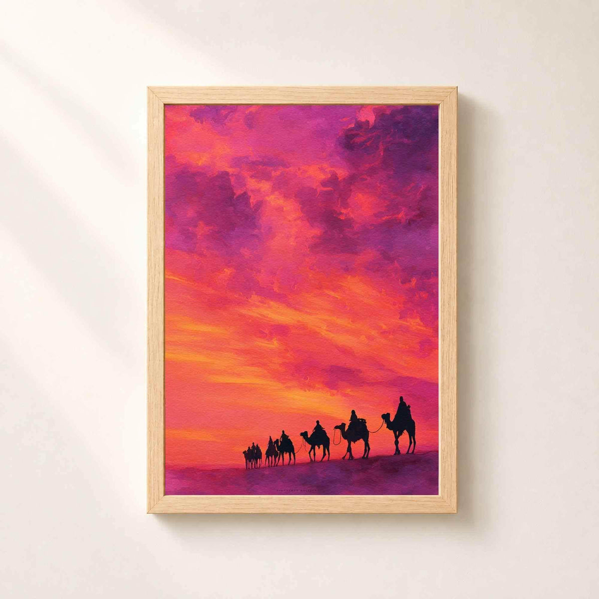 Affiche caravane coucher de soleil, art mural désert aquarelle, décoration orientale fuchsia et orange