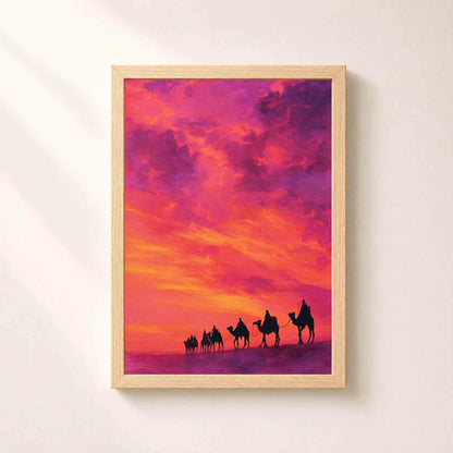 Affiche caravane coucher de soleil, art mural désert aquarelle, décoration orientale fuchsia et orange