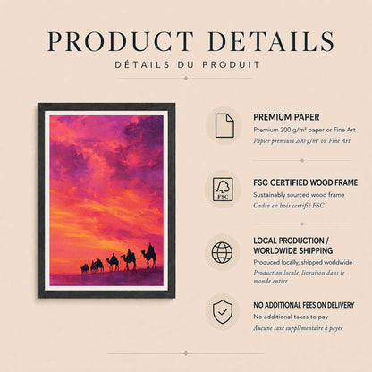 Affiche caravane coucher de soleil, art mural désert aquarelle, décoration orientale fuchsia et orange