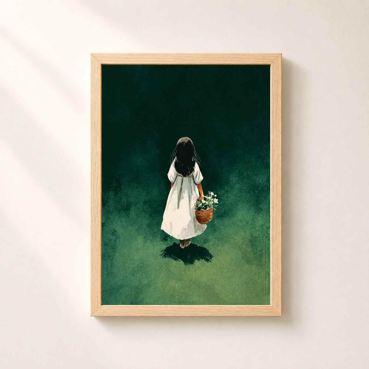 Affiche fille au panier de fleurs, art mural cottagecore, illustration verte contemplative