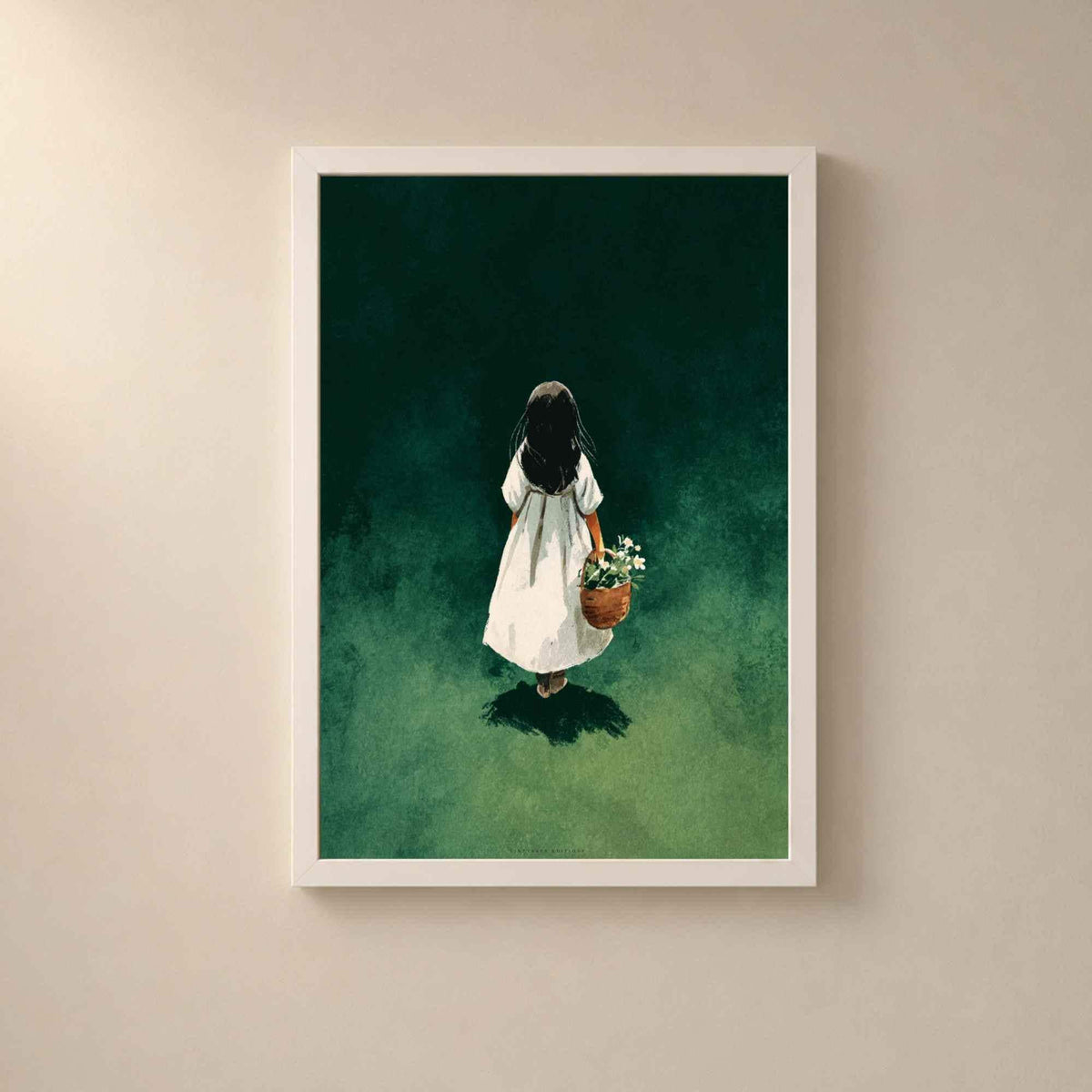 Affiche fille au panier de fleurs, art mural cottagecore, illustration verte contemplative