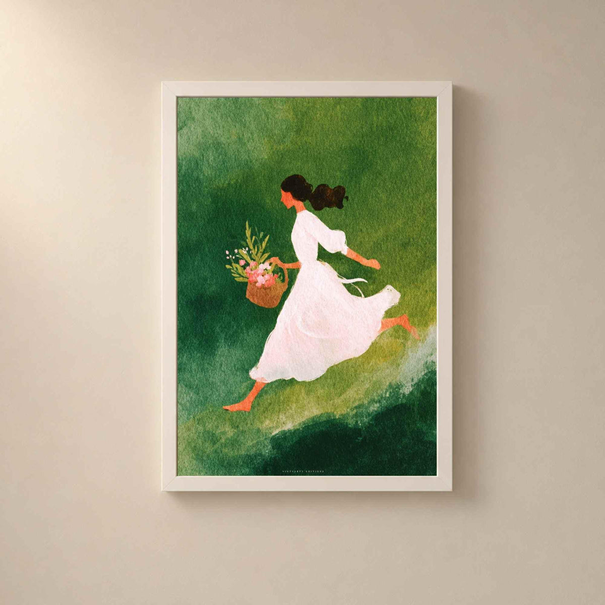 Affiche femme aux fleurs, art mural aquarelle printemps, illustration verte poétique