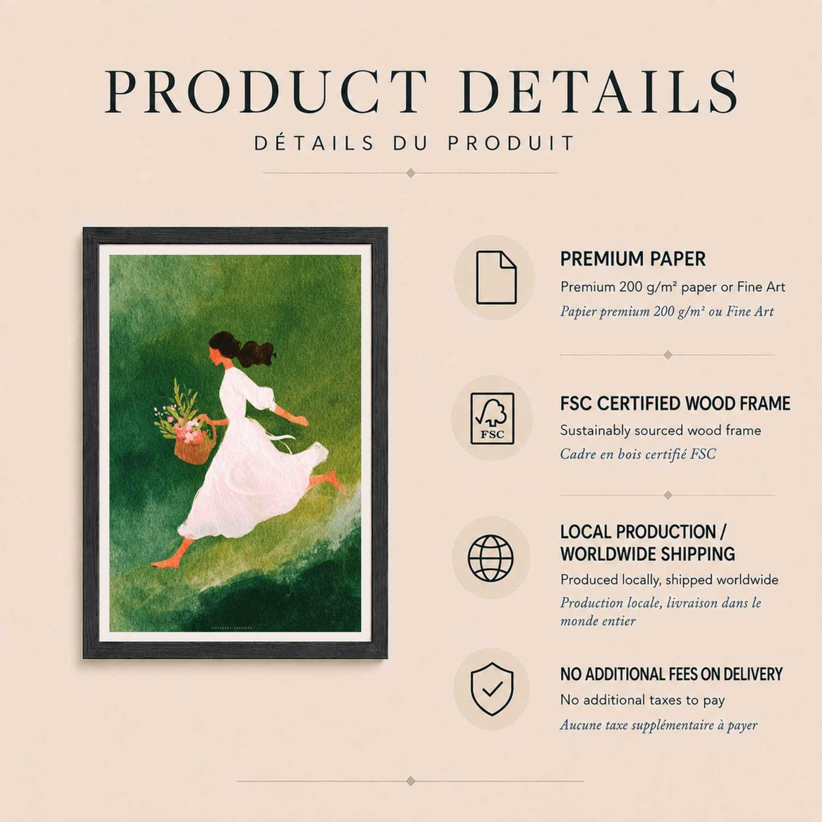 Affiche femme aux fleurs, art mural aquarelle printemps, illustration verte poétique
