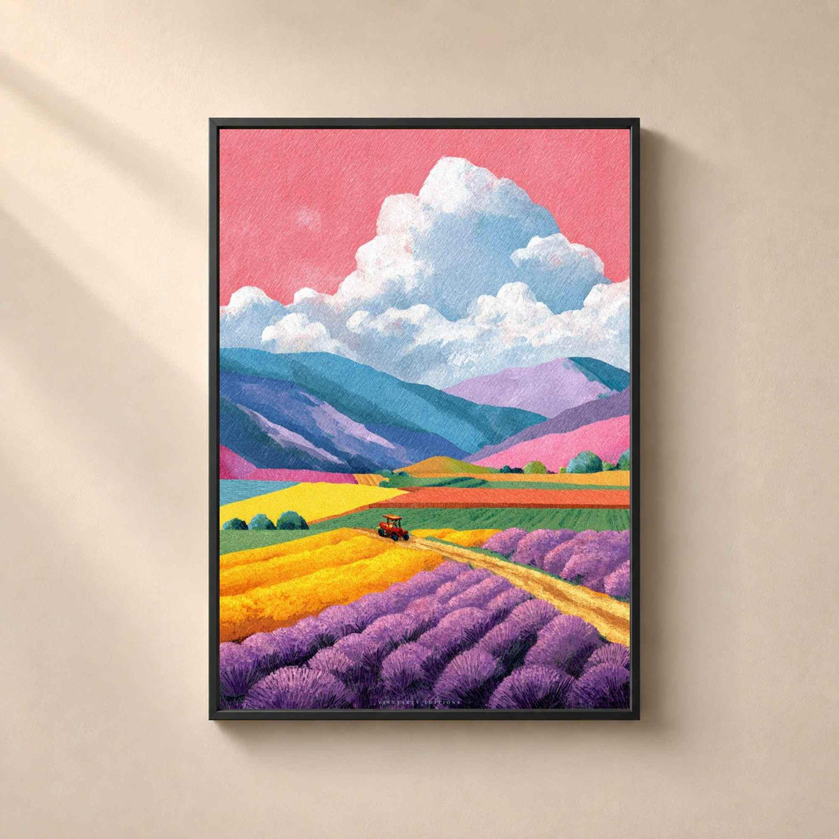 Affiche champ de lavande Provence, art mural paysage coloré, illustration montagnes riso