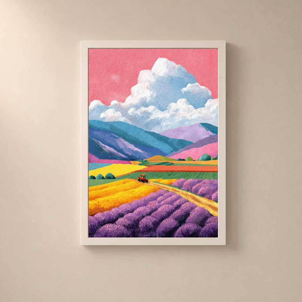 Affiche champ de lavande Provence, art mural paysage coloré, illustration montagnes riso