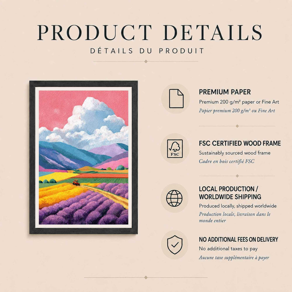 Affiche champ de lavande Provence, art mural paysage coloré, illustration montagnes riso