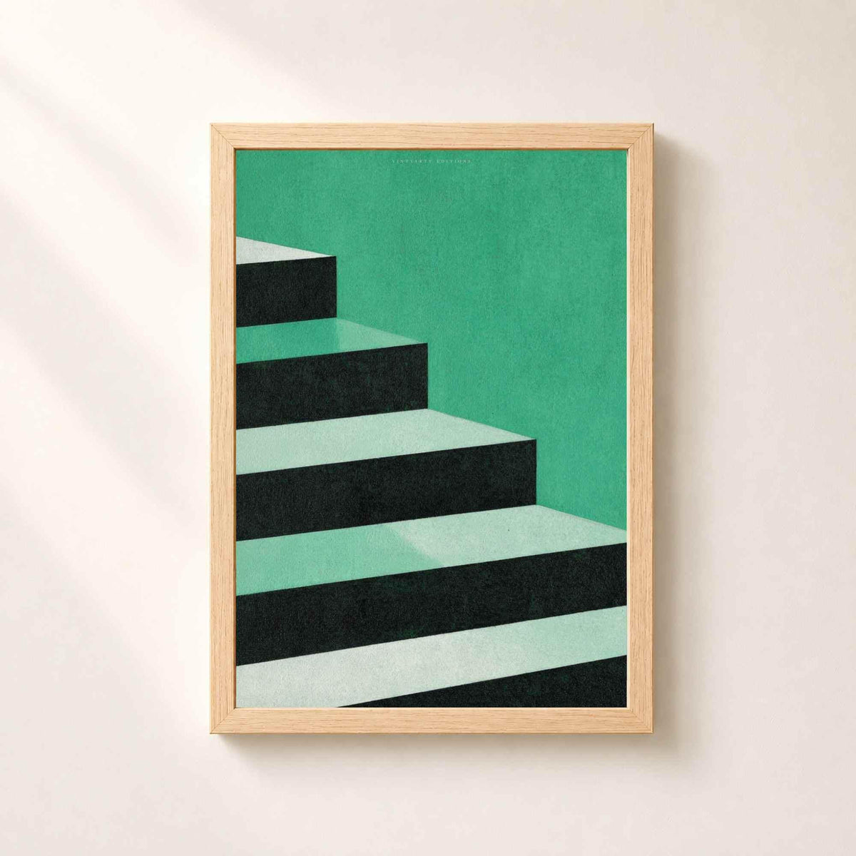 Affiche escalier abstrait vert, art mural géométrique minimaliste, illustration architecture riso