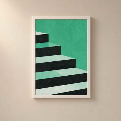 Affiche escalier abstrait dans un cadre en bois blanc sur un mur clair, escalier stylisé en vert émeraude et menthe aux marches géométriques.
