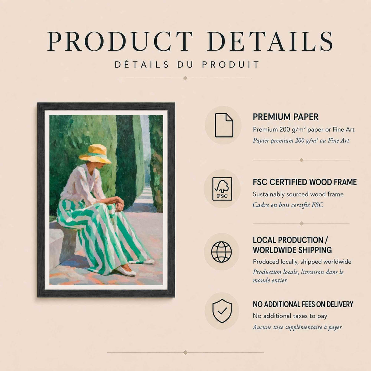 Affiche femme au chapeau jardin, art mural peinture figurative, portrait méditerranéen cyprès