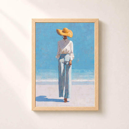 Affiche femme chapeau de paille plage, art mural peinture mode, portrait bord de mer bleu