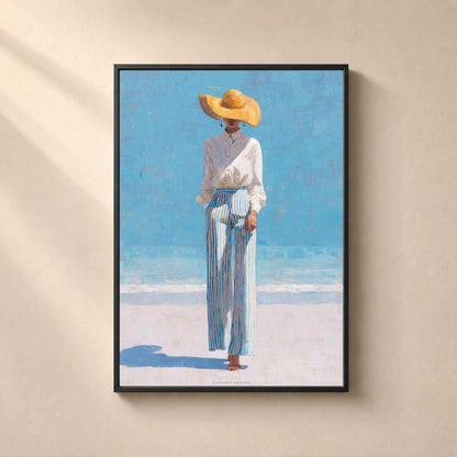 Affiche femme chapeau de paille plage, art mural peinture mode, portrait bord de mer bleu